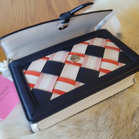 NWT Kate Spade Knott Woven Leather Flap Crossbody K6646 - Blazer Blue Multi - Picture 7 of 11